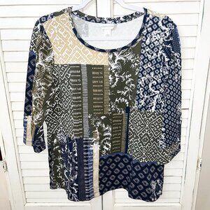 Christopher & Banks Patchwork Blue Green Brown 3/4 Sleeve Top Size Large NWOT